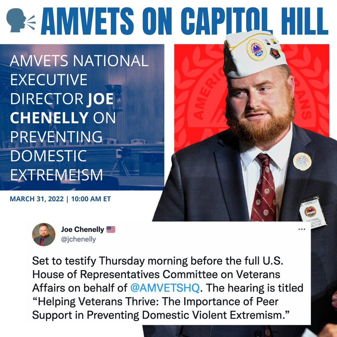 TUNE IN Thursday @ 10:00 AM ET as AMVETS' <a href="/jchenelly/">Joe Chenelly 🇺🇸</a> testifies before <a href="/VetAffairsDems/">House Veterans' Affairs Democrats</a> on the importance of preventing domestic violent extremism as it pertains to our military and the #veteran community.

🔗 veterans.house.gov/events/hearing…