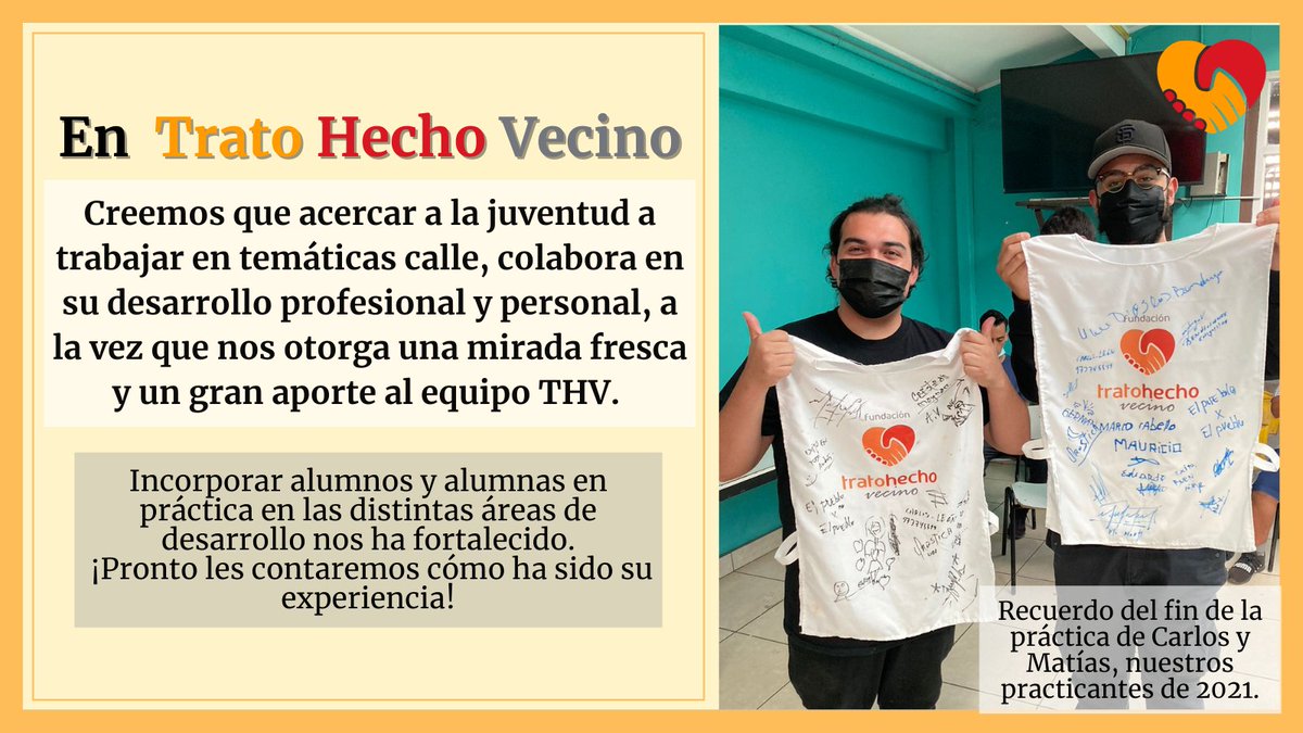 tratohechov's tweet photo. En Trato Hecho Vecino creemos que el trabajo colaborativo con estudiantes en práctica ha fortalecido nuestra labor diaria entregando ideas frescas. Desde el 2020 hemos recibido jóvenes de carreras como Trabajo Social y Periodismo. ¿Te interesarías en trabajar con nosotros? https://t.co/Mn84c2WvYz