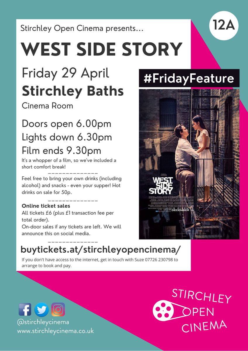 It's official! We are back for our first #FridayFeature on Friday 29 April <a href="/stirchleybaths/">Stirchley Baths</a>  Only 20 tickets available so don't delay if you'd like to join us for West Side Story. Online booking here: 
tickettailor.com/events/stirchl…