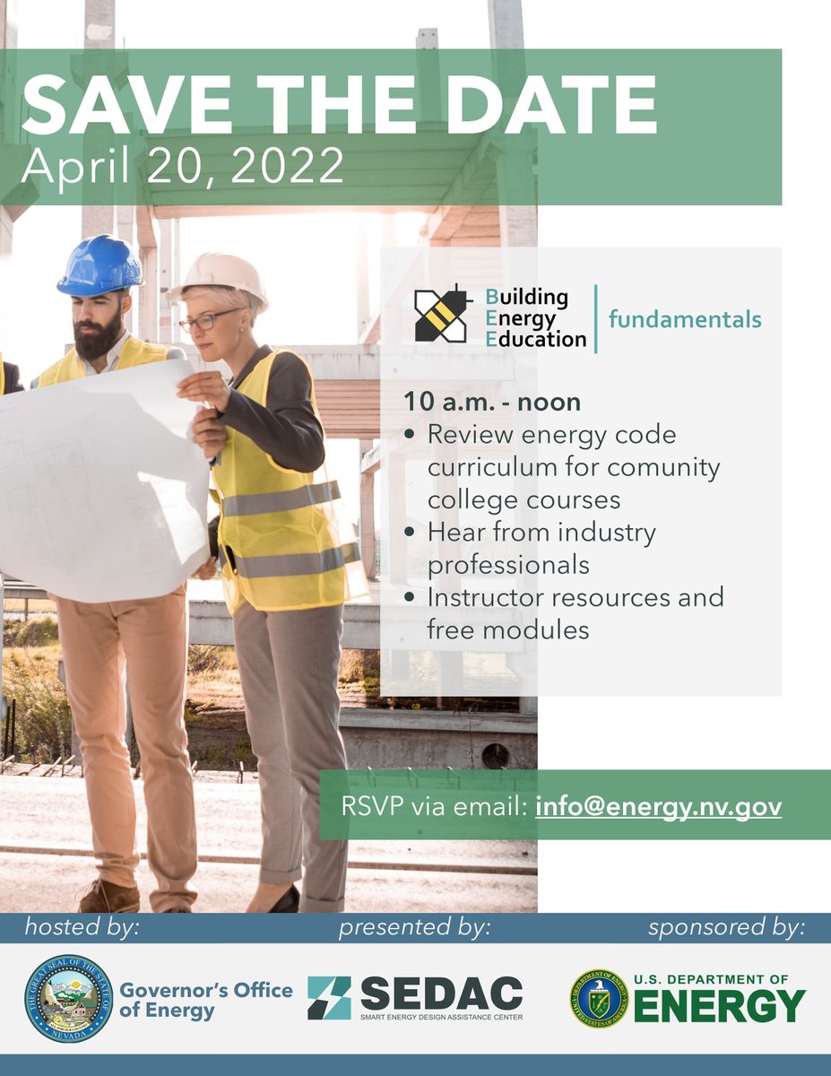We are excited to launch Building Energy Education Fundamentals in NV in partnership with @IllinoisSEDAC!

This webinar is open to #BuildingCode officials, instructors, and anyone interested in #EnergyEfficiency – to join, email info@energy.nv.gov
