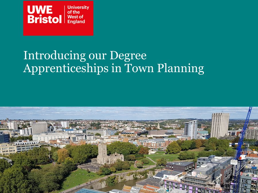 We are holding an online degree apprenticeship showcase on the 26th April 2022, 5:00 to 6:00pm. A good opportunity to hear about our #degree #apprenticeships in #planning, accredited by @RTPIPlanners. Click here to register: uwe.eu.qualtrics.com/jfe/form/SV_ab…