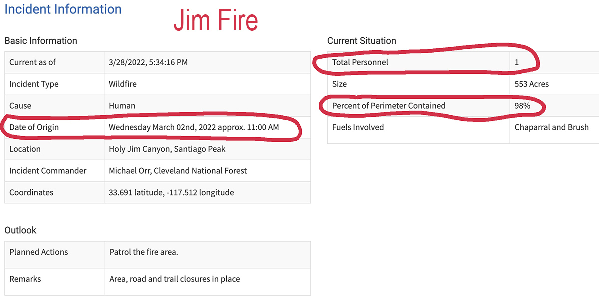 wildfiretoday's tweet photo. The spread of the #JimFire was basically stopped within a few hours after it ran up the hill to the North Main Divide in Southern California... 27 days ago. Yesterday's update, 98% contained. One person assigned. This is why we rarely report containment propaganda. https://t.co/6DiJFzWT6m