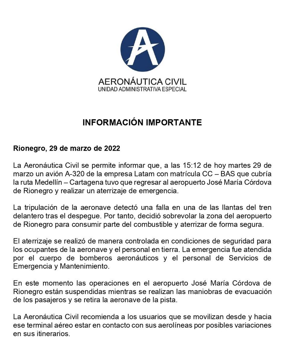 FlightModeblog's tweet photo. #LATAM Airbus A320 (CC-BAS) performed an emergency landing at #Medellin Airport, #Colombia with its nosegear tilted sideways. Flight #LA4292 to #Cartagena landed back at Medellin safely.
📷©Aeronautica Civil de Colombia
#A320 #Airbus #aviation #avgeek #avgeeks #flights #travel https://t.co/D86tQH0u3k