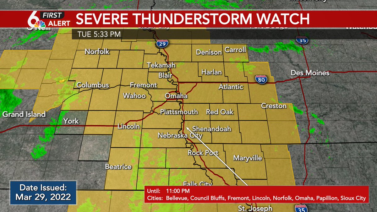 A Severe T-Storm Watch is in effect for portions of our area until Mar 29 11:00PM. A Severe T-Storm Watch means that conditions are favorable for severe storms. Stay tuned for possible warnings. Check our First Alert Weather app for more details.
