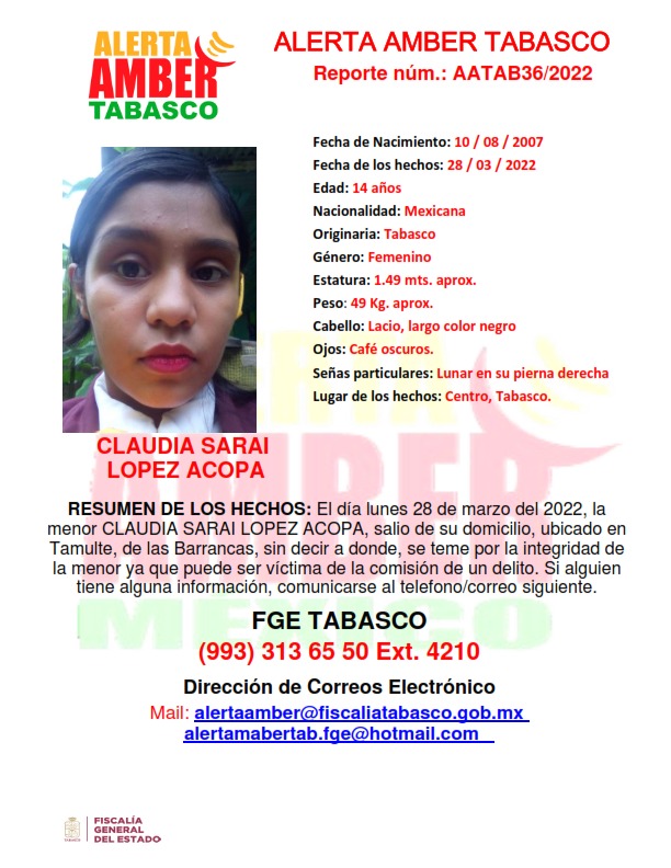 FGETabasco's tweet photo. #ServicioSocial #AlertaAmber Se solicita el apoyo para localizar a la siguiente persona, cualquier información a los teléfonos y correos de la cédula. https://t.co/5dykMeC4zE