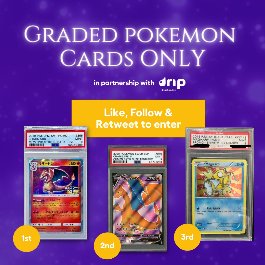 dripshop_live's tweet photo. 🔥$500 3X GRADED POKEMON SLAB GIVEAWAY (ENDS APRIL 15)🔥

3 people will take home a graded #Pokemon slab. No purchase necessary to enter.

To enter, you must:
❤️Like
↪️Retweet
✅Follow @DripShop_live
����RSVP to live drawing: https://t.co/IK6S37Tmlq

#PokemonTCG #pokemongiveaway https://t.co/niSIAx6E6D