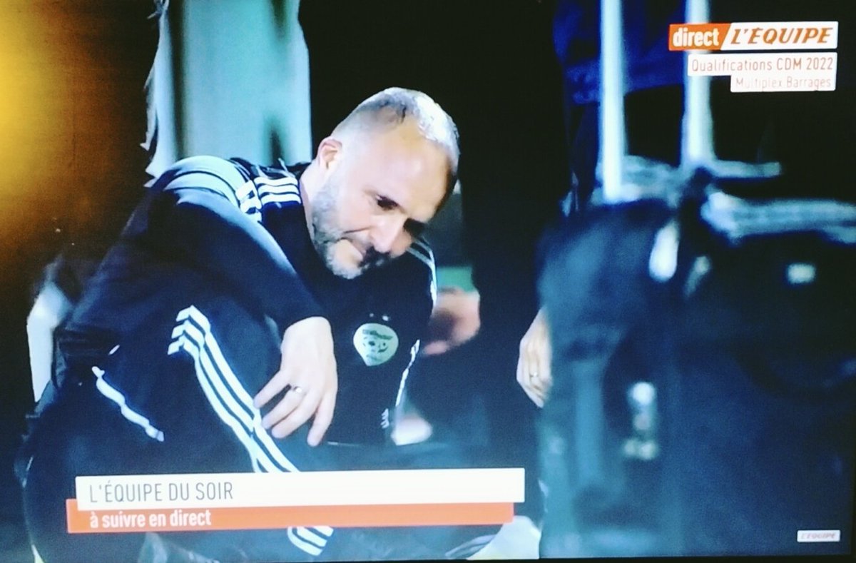 Myriam_Bensalah's tweet photo. L'énorme déception de #DjamelBelmadi, le Sélectionneur de l'#Algérie, juste après l'élimination des Fennecs face au Cameroun survenue en toute fin de prolongation (1-2, score cumulé 2-2)... C'est vraiment l'image du match ! #QualificationsCDM @lachainelequipe @EricHuet12 #EDS https://t.co/Gp0oYHDwcF