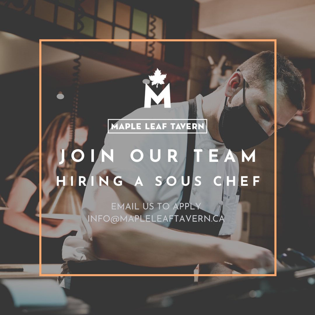 Maple Leaf Tavern (@mapleleaftavern) on Twitter photo 🍁 JOIN OUR TEAM 🍁
We are looking for a passionate, driven and creative SOUS CHEF to join our team of dedicated culinary professionals.
Email us to apply: info@mapleleaftavern.ca 🍁 JOIN OUR TEAM 🍁
We are looking for a passionate, driven and creative SOUS CHEF to join our team of dedicated culinary professionals.
Email us to apply: info@mapleleaftavern.ca