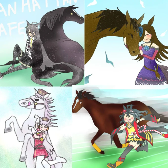 #今月描いた絵を晒そう 
#ウマ娘
誕生日イラスト多めな月だったのでネタ絵少な目。お馬さんとウマ娘が対になるポーズを考えるのが楽しかった。 