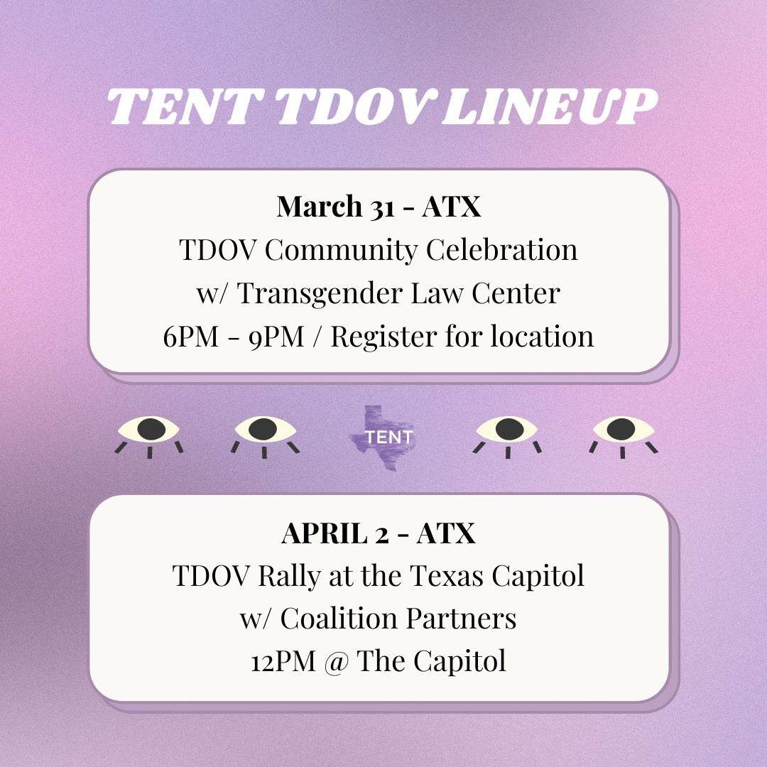TransTexas's tweet photo. TENT has two TDOV events this year!
Register for the community celebration on March 31st here: https://t.co/re54WuU3D3
Register for the rally on April 2nd here: https://t.co/neAyFEYf8q https://t.co/YEMQvChj2U