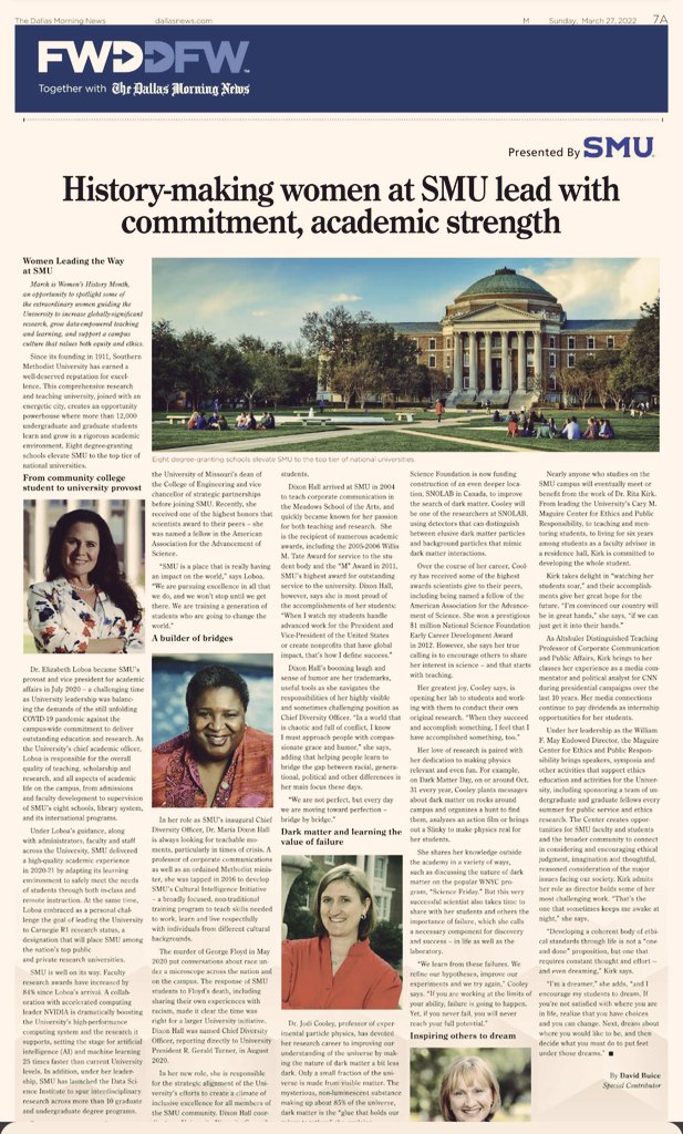 SMUPhysics's tweet photo. Celebrate Women's History Month by learning about some of the notable leaders and scholars @SMU, including our own @profcooley! You will find their profiles in the Sunday, March 27 edition of @dallasnews. https://t.co/74T2EdjxXM