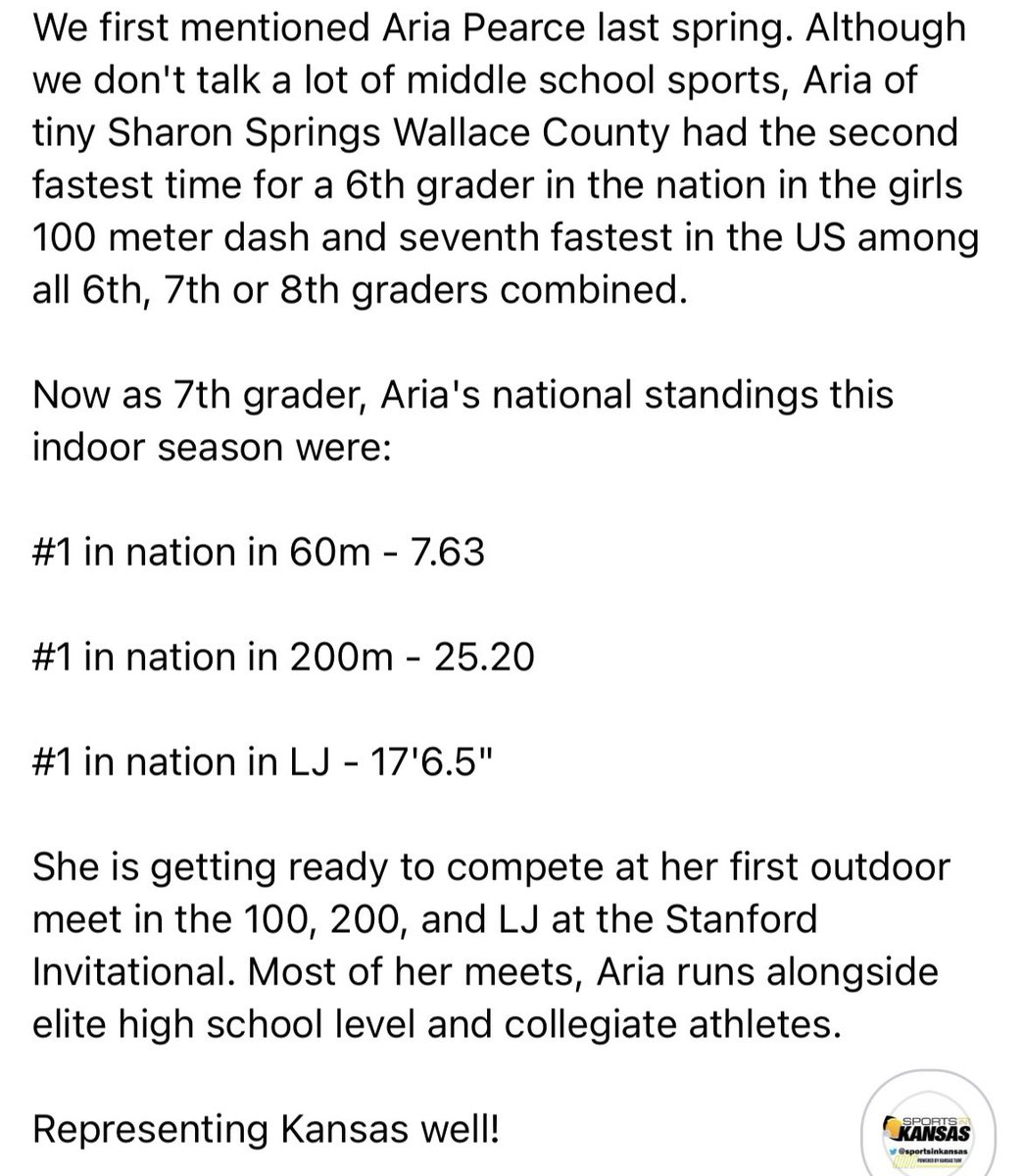 Aria Pearce of Sharon Springs-Wallace County, just a 7th grader, is posting some of the top track and field marks in the nation. Incredible.
#sportsinkansas