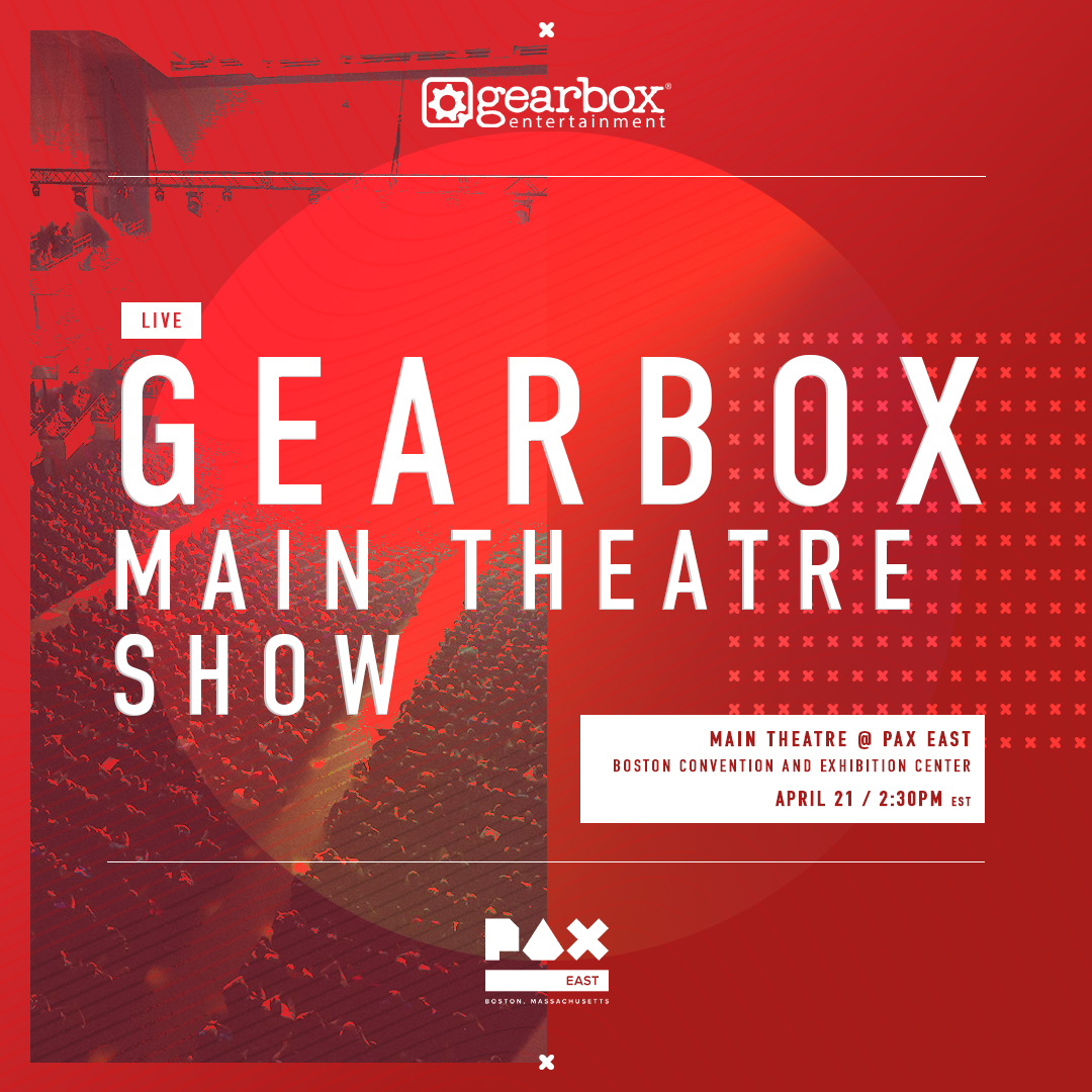 GearboxOfficial's tweet photo. Hello PAX East attendees! 

The Gearbox Main Theater Show is going down April 21 at 2:30PM ET! 📽️

This presentation aims to celebrate everyone across the Gearbox family: not only our talented staff of developers and creatives, but also you, our incredible players. ❤️ https://t.co/GktX4UNbov