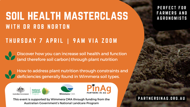 wimmeracma's tweet photo. This Thursday 7 April at 9am
#SoilHealthMasterclass online with Dr #RobNorton
Don't Miss out! Register https://t.co/NREFXb6OKA
Brought to you by @PartnersInAg1 and proudly supported by Wimmera CMA through #NationalLandcareProgram funding
#Soil #Soils #soilhealth #WimmeraSoils https://t.co/fYU8b9WmlS
