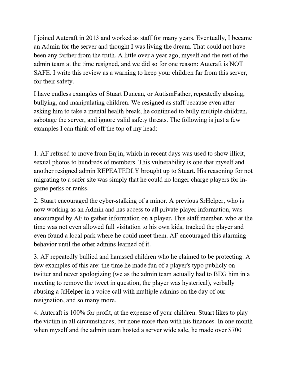 DuhBeebs's tweet photo. After sharing this the @AutCraft Facebook account removed their reviews. When I resigned I was heartbroken, but I am more hurt knowing something we warned AF about a year ago was used to share illicit pictures to children. AC is not safe. #autcraft @Minecraft @Mojang @_Ulraf_ https://t.co/pjF1J2uDaq