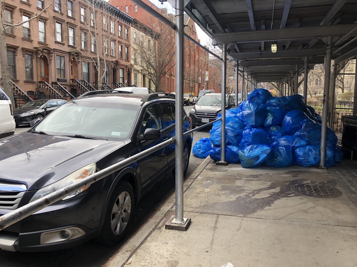 MikeLydon's tweet photo. Why do we continue to tolerate this, New York City? Why are parked cars and garbage more important than people walking? People with strollers? People with wheelchairs? @crystalrhudson @BKBPReynoso @NYCMayor @NYCSanitation https://t.co/Vmyob89q3R