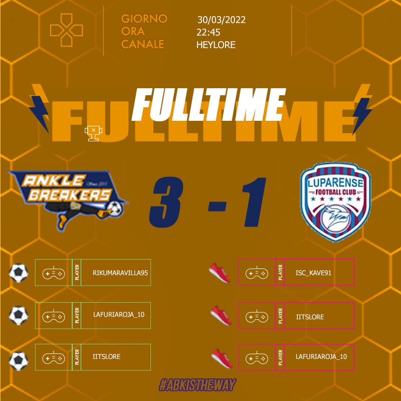 AnkleBreakers0's tweet image. | FULLTIME |

🆚 @luparense / @VPG_Italy ✅

🆚 #suzzi/ @VPLItaly ➖

#ABKIsTheWay #ProClubItalia