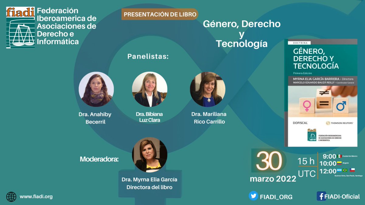 📢Les invitamos. Mañana 9am de Méx. Centro.
<a href="/FIADI_ORG/">FIADI</a>

Presentación de Libro 📗. #Género, #Derecho y #Tecnología.
Edit. <a href="/thomsonreuters/">Thomson Reuters</a>

<a href="/MYRGARCIA/">Dra. Myrna Elia García Barrera</a>
Anahiby Becerril
Bibiana Luz Clara
Mariliana Rico

Registro 👇👇 us06web.zoom.us/meeting/regist…

#DerechoDigital #Género #TIC #IA