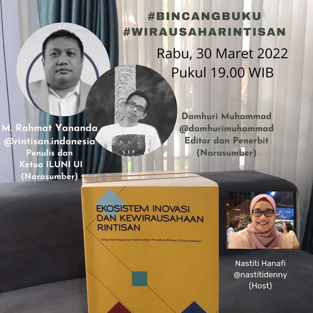 damhurimuhammad's tweet photo. Bincang2 ringan tentang buku Ekosistem Inovasi dan Kewirausahaan Rintisan bersama bang @RahmatYananda @nastiti_ds petang ini. Siapa tahu sedang lapang waktu senggang @rintisanind @DedyTriRiyadi1 @lazione_budy @IndraJPiliang https://t.co/G0F6qa9AoJ