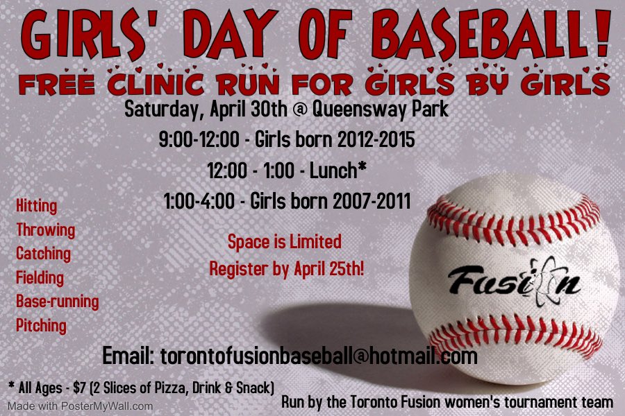 OWBL_'s tweet photo. Our very own #TorontoFusion women’s team is hosting Girls Day of Baseball on April 30 at Queensway Park!

This is FREE baseball instruction.  Email torontofusionbaseball@hotmail.com to secure your spot. 

#freebaseball #girlsbaseball #torontobaseball #baseballskills https://t.co/5kVEqOuZIn