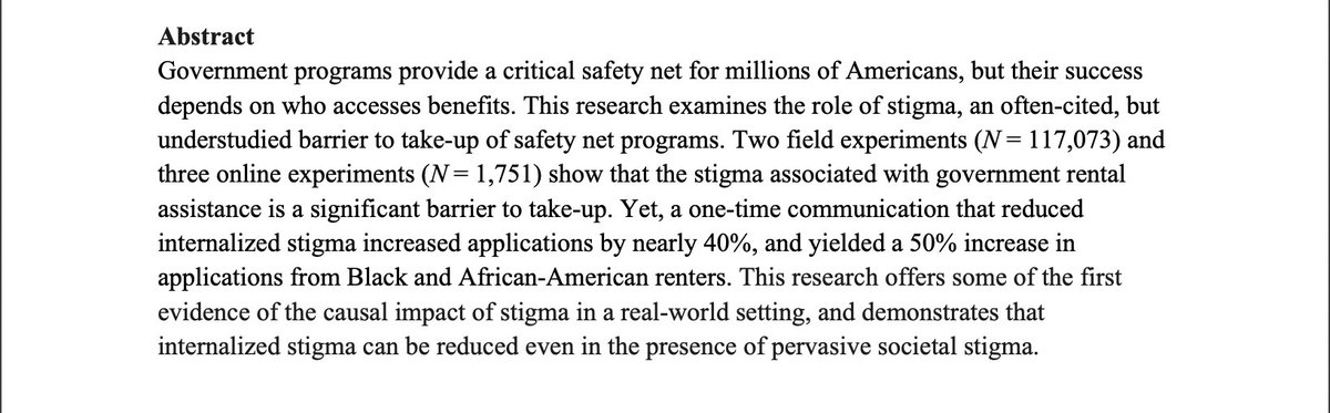 🚨New research from Jessica Lasky-Fink &amp; <a href="/ElizabethLinos/">Elizabeth Linos</a> shows that de-stigmatizing language can increase take-up of rental assistance. 

Read more in our working paper here: bit.ly/3sjRL6u