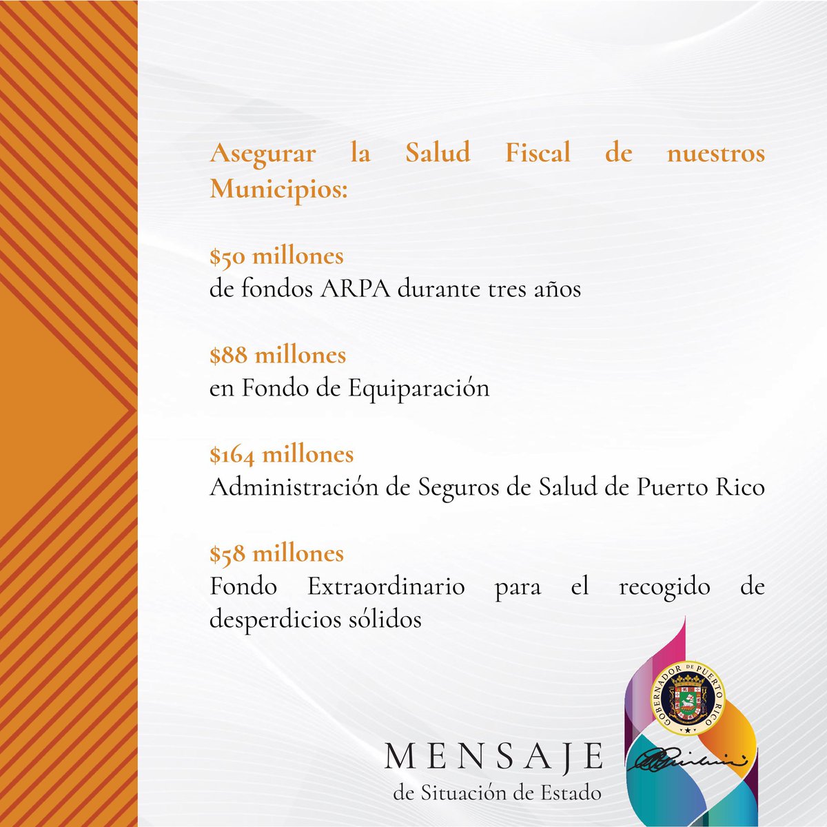 Hoy nuestro <a href="/GovPierluisi/">Gobernador Pierluisi</a> ofreció un Mensaje de Unidad y Resultados, cumpliendo su Compromiso con los Municipios de PR. Cero recortes al fondo de equiparación, 50 millones adicionales en fondos ARPA, 164 Millones para cubrir aportaciones al Plan de Salud.