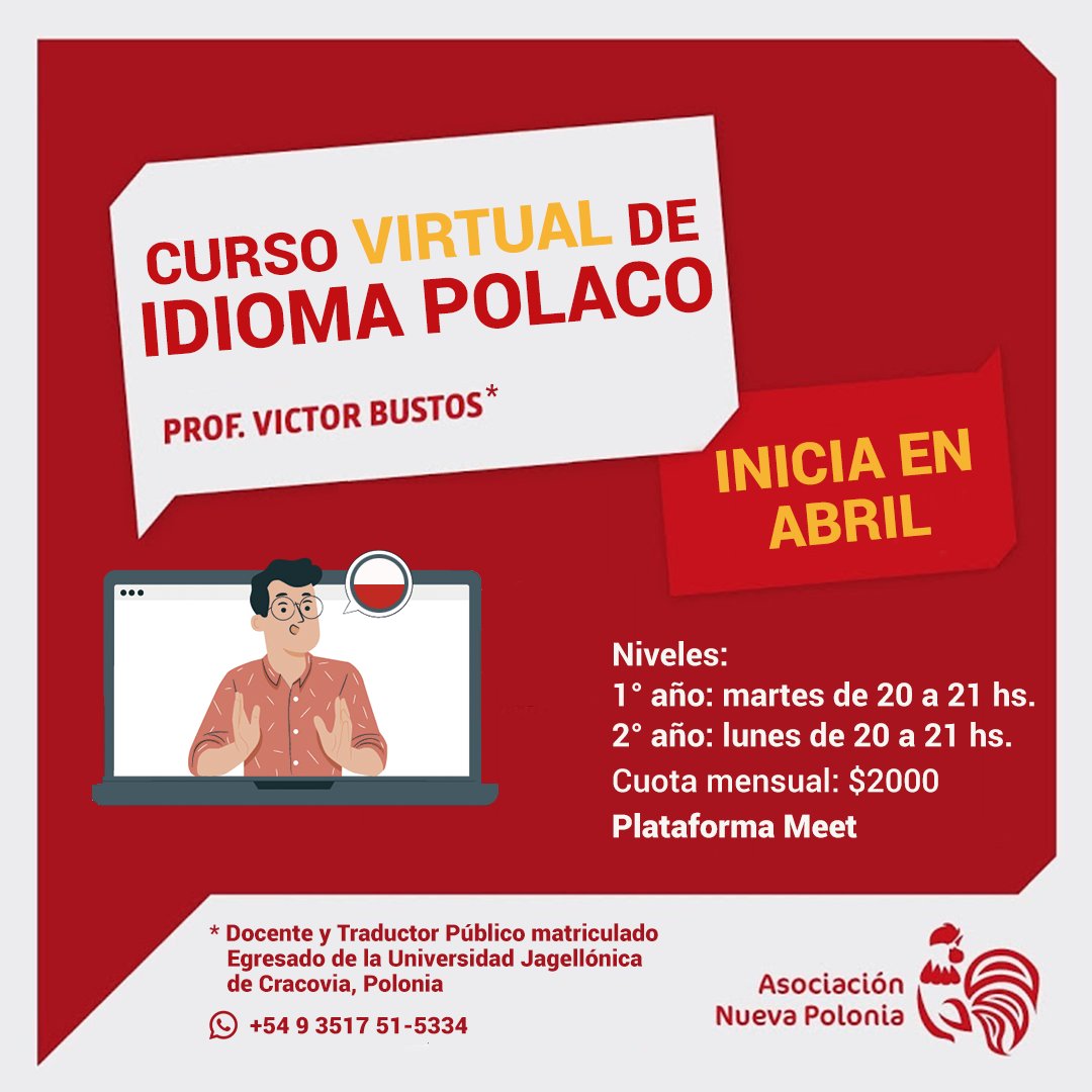 NowaPolonia's tweet photo. 🇵🇱 ¡Sumate al Curso Virtual de Idioma Polaco!
#Córdoba #Argentina #Polska #Polonia
@PLenArgentina @WspolnotaPolska @LaVozdePolonia @RRIIMuniCba @PolskiSenat @prezydentpl @PremierRP @MartinLlaryora @Passeriniok @JuanSchiaretti @Infocolectivid1 @Polska @PolskieKorzenie @PLnoBrasil https://t.co/2PObnS7Dlp