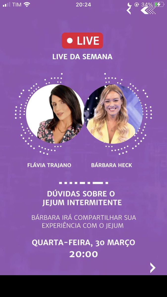 Amanhã às 20hs a <a href="/bbaheck/">Bárbara Heck</a> vai participar de uma live com a nutricionista Flávia Trajano para falar sobre o jejum intermitente. Fiquem ligados no instagram da Bárbara e não percam! ❤️