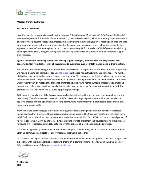 A message from CHBA BC CEO, Neil Moody, regarding <a href="/UBCM/">UBCM</a>'s paper, Building BC: Housing Completions &amp; Population Growth 2016-2021. chbabc.org/wp-content/upl…