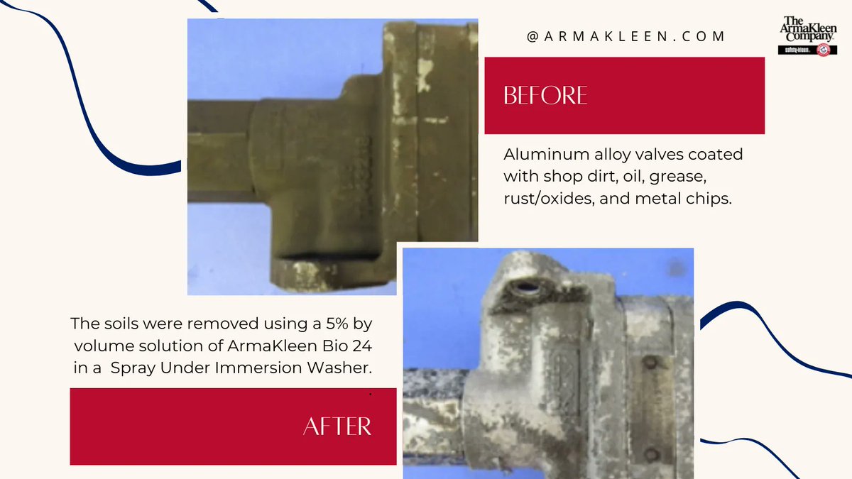 Armakleen's tweet photo. Our customer needed to clean aluminum alloy valves while reduce their rework &amp; reject rate, &amp; recover scrap parts. In a #cleaningtrial we found 5% by vol solution of ArmaKleen Bio 24 used in a Spray Under Immersion Washer met their goals. https://t.co/Q3iFktKu6c https://t.co/9dvLYVEkjo