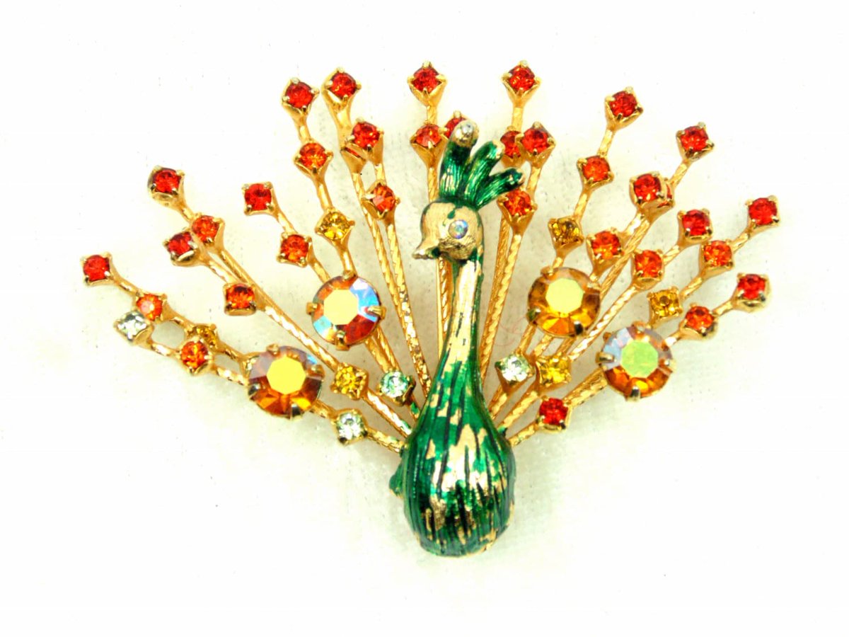 Rhinestone Peacock Vintage Brooch,  Warner, Green Orange & Red https://t.co/m9eWk9lr9s #vintage #jewelry #pottiteam #PottiTeam https://t.co/rblWRHOxQU
