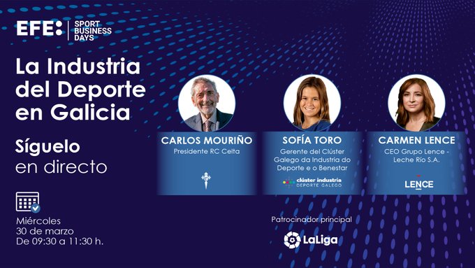 EFEdeportes's tweet image. 🌐 En 30 minutos arranca el IV Foro #EFESportBusinessDays

📌 Carlos Mouriño, presidente del @RCCelta
📌 @sofiatoropp, gerente @Cluster_deporte
📌 @carmen_lence, CEO Grupo Lence - Leche Río S.A

🔵 "La industria del deporte en Galicia"
#EFEsbdGalicia