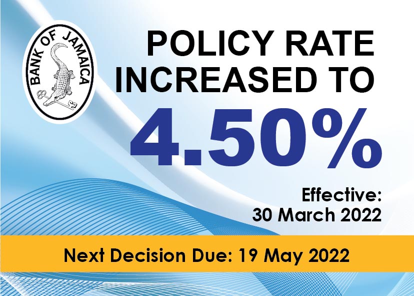 CentralBankJA's tweet photo. Bank of Jamaica's Monetary Policy Committee has agreed to increase the Policy Rate by 50 basis points to 4.50%, effective 30 March 2022. A summary of the decision can be read here: https://t.co/PuylAwl1Yo #BoJSpeaks https://t.co/ieH8o7KUxB