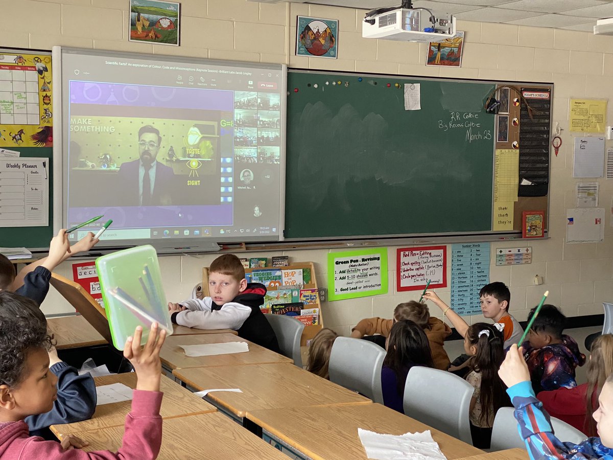 RextonElem1's tweet photo. Grade 4 students having a great time learning about colours during the “Scientific Facts? An Exploration of Colour, Code &amp; Misconceptions” session with the very entertaining, Jacob Lingley!! #NBScienceWeek @asdnnb @stemnorth @jmrlingley @brilliant_labs https://t.co/2DTIlAkSKe