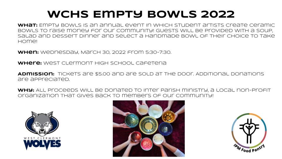 Empty Bowls 2022 is finally here! Wednesday 5:30-7:30 in our WCHS cafeteria.

Come and support a great cause, have a yummy meal, and walk away with WCHS student art! <a href="/WCHSWolves/">West Clermont HS</a> @WCHS_AP <a href="/WestCler/">West Clermont Schools</a> <a href="/WCHS_ARTS/">WCHS Arts</a>