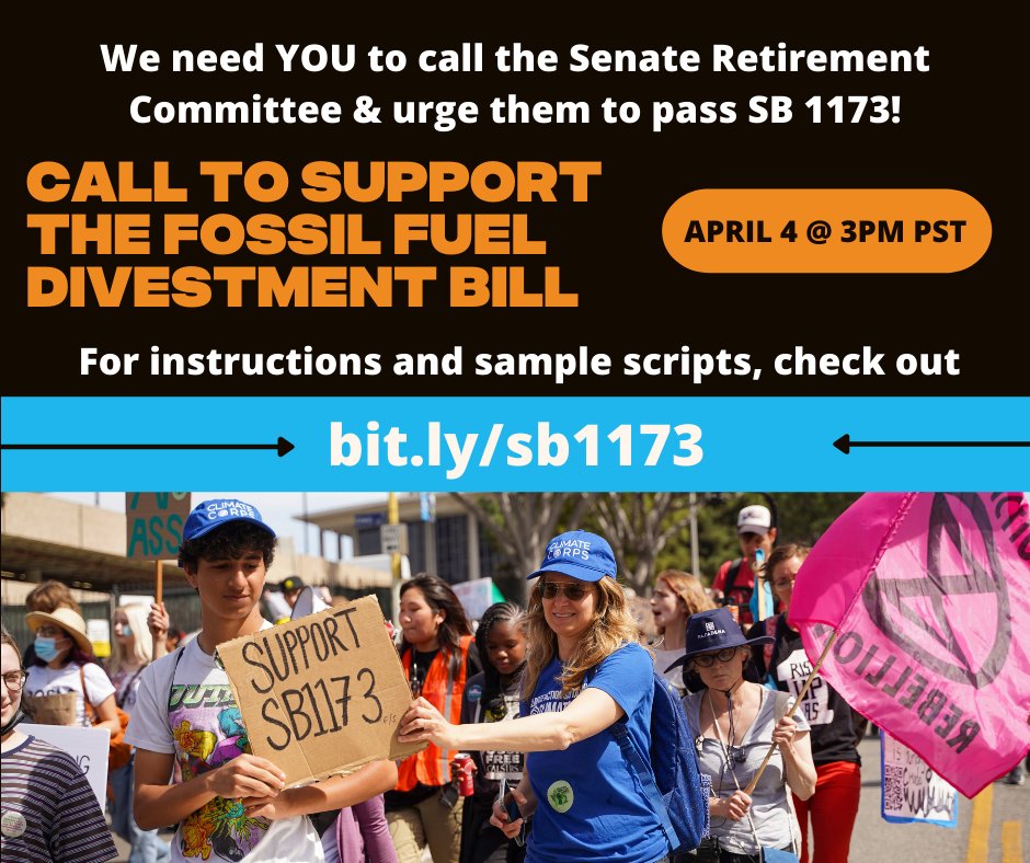 On April 4th, the CA Senate Retirement Committee will decide: should <a href="/CalPERS/">CalPERS</a> and <a href="/CalSTRS/">CalSTRS</a> divest from fossil fuels?

We need YOUR help passing the Fossil Fuel Divestment Bill. Find out how you can call in with a quick public comment at bit.ly/sb1173 📢