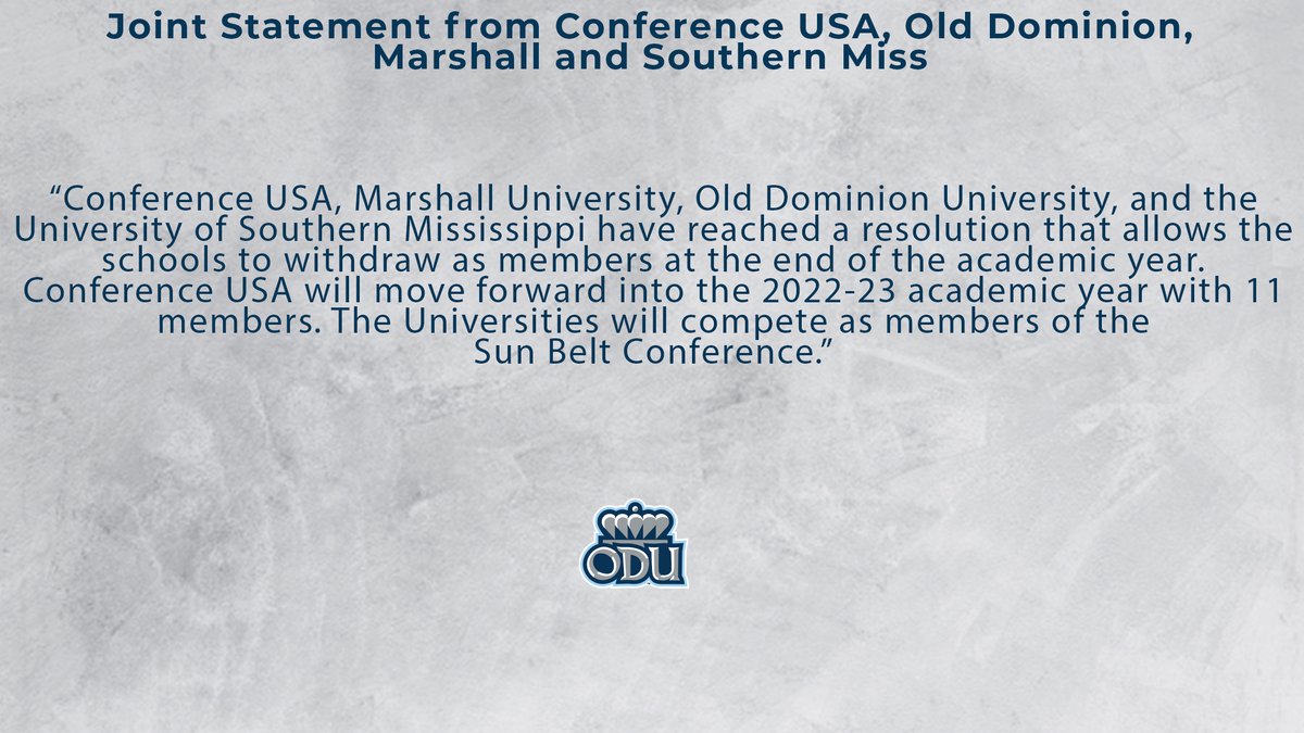 A joint statement from Conference USA, Old Dominion, Marshall and Southern Miss
#ODUSports | #ReignOn | #Monarchs