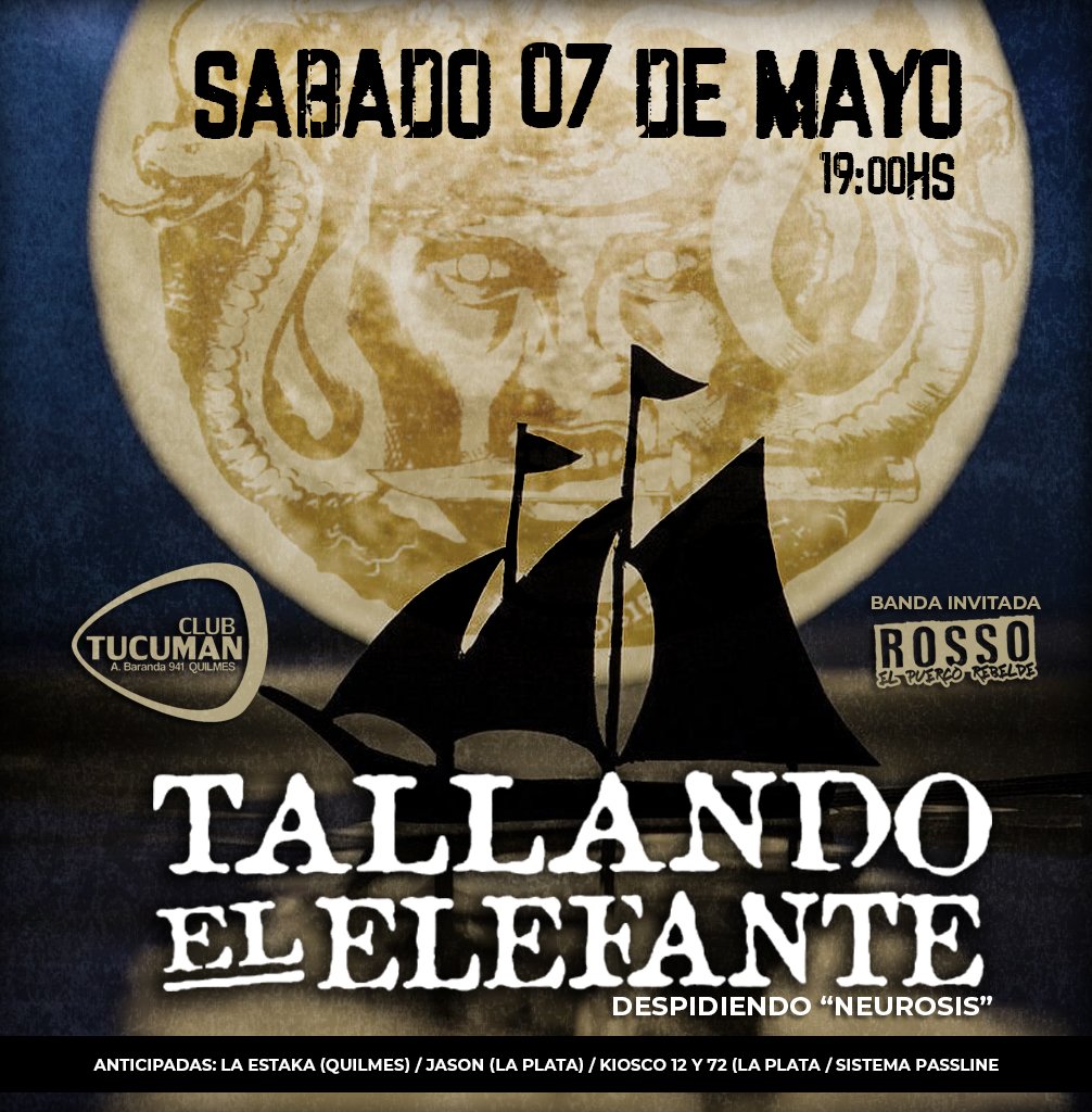 ¡DESPEDIMOS NEUROSIS!

📅 Sábado 07/05, 19.00 hs.
📌 Club Tucumán (Quilmes)

Invitados: Rosso
🎫 Entradas a la venta por passline.com y en los puntos de venta, próximamente.

🚍 Viaje + entrada con los amigos de Pogo Rock. 

¡Lxs esperamos a todxs!