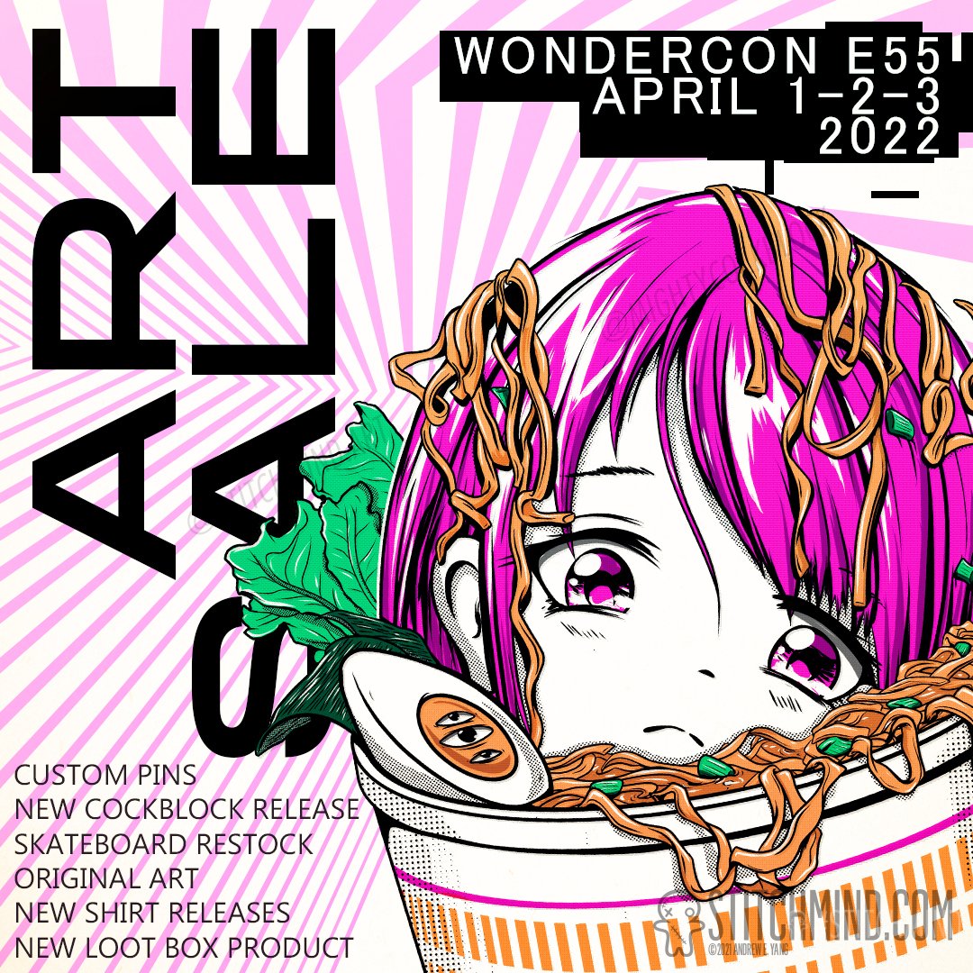 theCockblock's tweet photo. another weekend show,  Wondercon at anaheim Convention center, then DNA lounge on monday night in San francisco, New sticker sand prints come see.#deathguild #wondercon  #ramen #anime https://t.co/2UNxC9gLgV