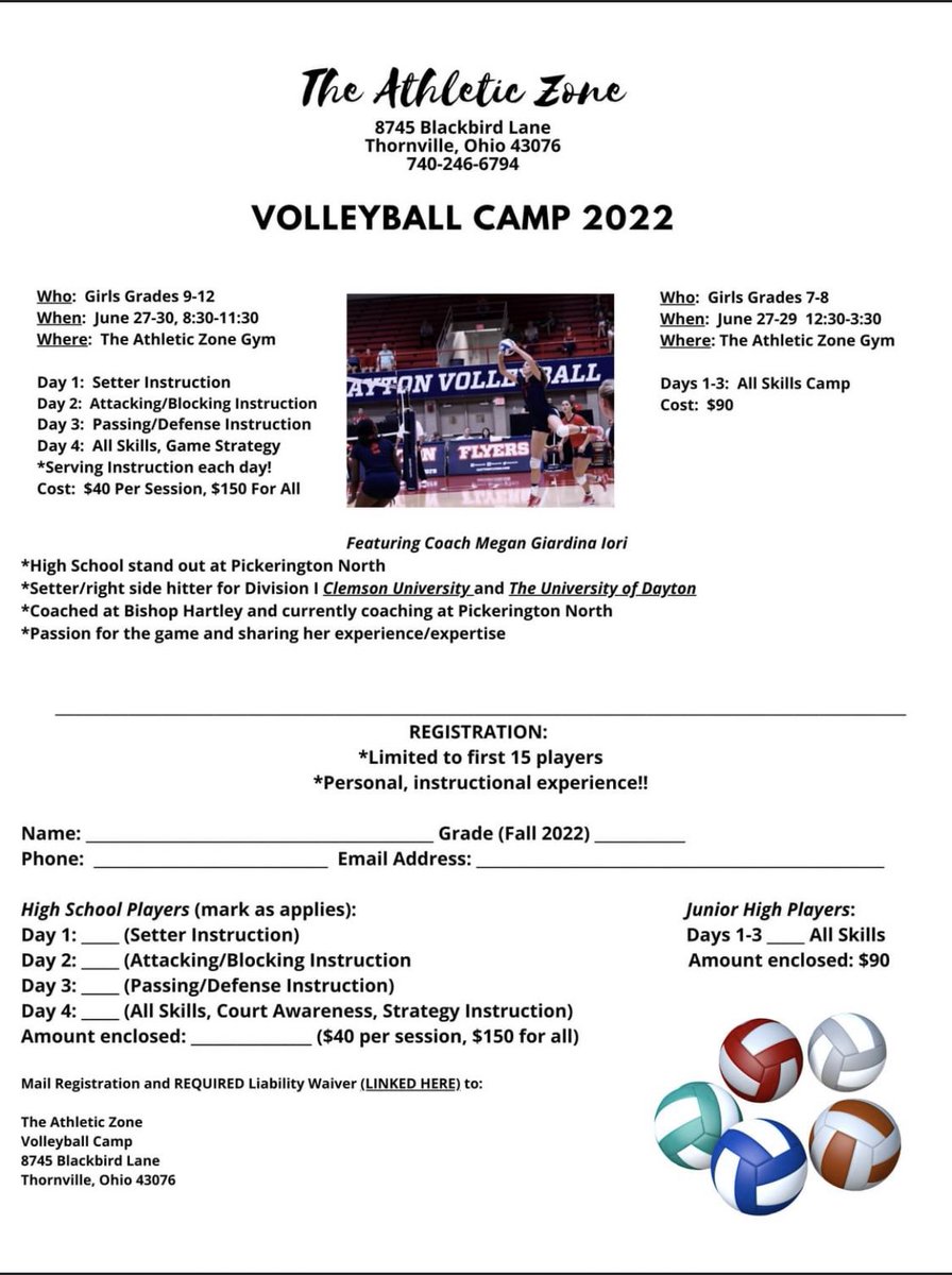 athletic_zone's tweet photo. Volleyball Camp:  Summer 2022!  Go to our website, print the flyer and liability waiver.  Sign up today!  Spots are limited. https://t.co/YyAkJ16GFa