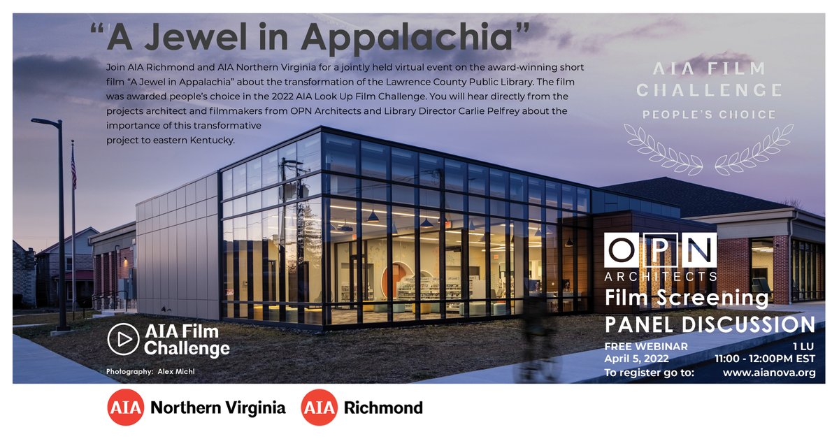 AIA Northern Virginia (@aianova) on Twitter photo In honor of #ArchitectureMonth, we're excited to co-host this free virtual webinar with <a href="/aiarva/">AIA Richmond</a> about <a href="/OPNArchitects/">OPN Architects</a> Jewel in Appalachia.
Register at aianova.org, or us02web.zoom.us/webinar/regist….
For more info about Architecture Month, visit: aianova-archmonth2022.squarespace.com In honor of #ArchitectureMonth, we're excited to co-host this free virtual webinar with <a href="/aiarva/">AIA Richmond</a> about <a href="/OPNArchitects/">OPN Architects</a> Jewel in Appalachia.
Register at aianova.org, or us02web.zoom.us/webinar/regist….
For more info about Architecture Month, visit: aianova-archmonth2022.squarespace.com