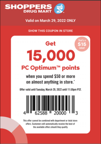 Shoppers Drug Mart Canada Tuesday Text Offer: 15,000 PC Optimum Points When You Spend $50 or More https://t.co/Kfs6UPJ9DB https://t.co/r47JoCq8wB