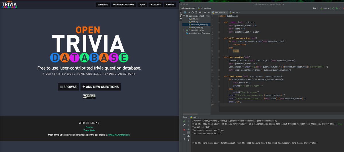 PaigeTiffTiff's tweet photo. Day 17 out of #100DaysOfCode 
I had the opportunity to work with attributes,  classes and adding methods to a class with Python. Today I created the game QuizBrain! https://t.co/mAyxeqqV9T