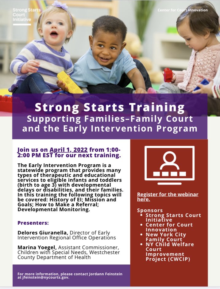 Free Training: “Supporting Families - Family Court and the Early Intervention Program” via Strong Starts Court Initiative - Register here: tinyurl.com/strongstartstr… @courtinnovation #EarlyIntervention #children #familycourt #socialwork