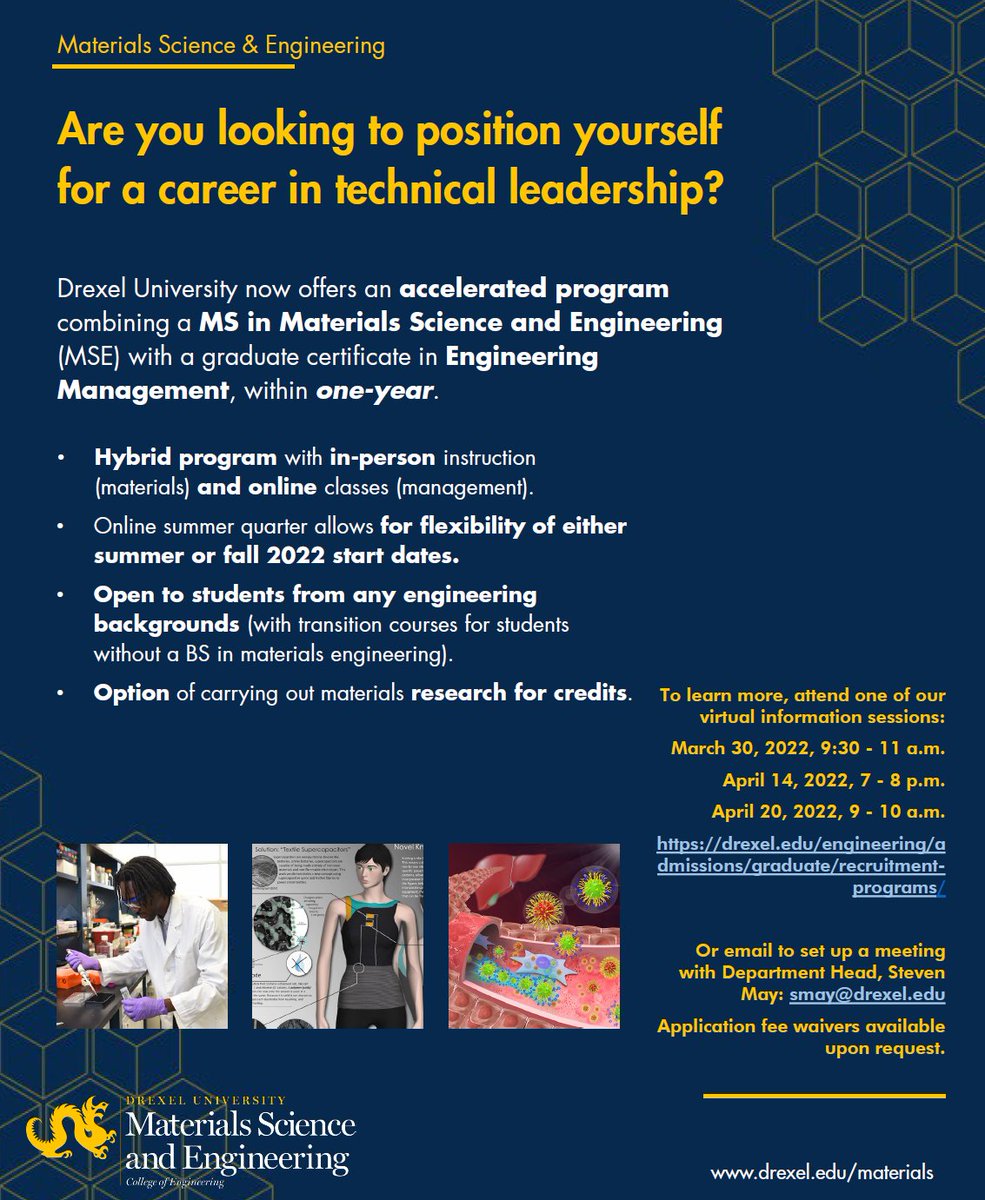 UNT_MA's tweet photo. ⭐ Graduate opportunity for MA members! Drexel University now offers an accelerated program in which students receive a MS in Materials Science &amp; Engineering within a single year. Register to attend their upcoming info sessions for more details! Register link is in our bio link. https://t.co/aCdZx3VZh2