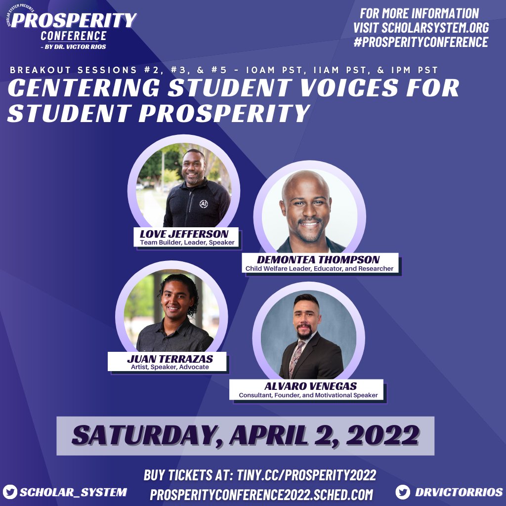 scholar_system's tweet photo. Thank you to our breakout trainers, who will lead a conversation on "Centering student voices for student prosperity"! Join us THIS Saturday, April 2 2022 for our virtual #ProsperityConference !
https://t.co/CJKaURSfyO https://t.co/lF7nmMqZ5y