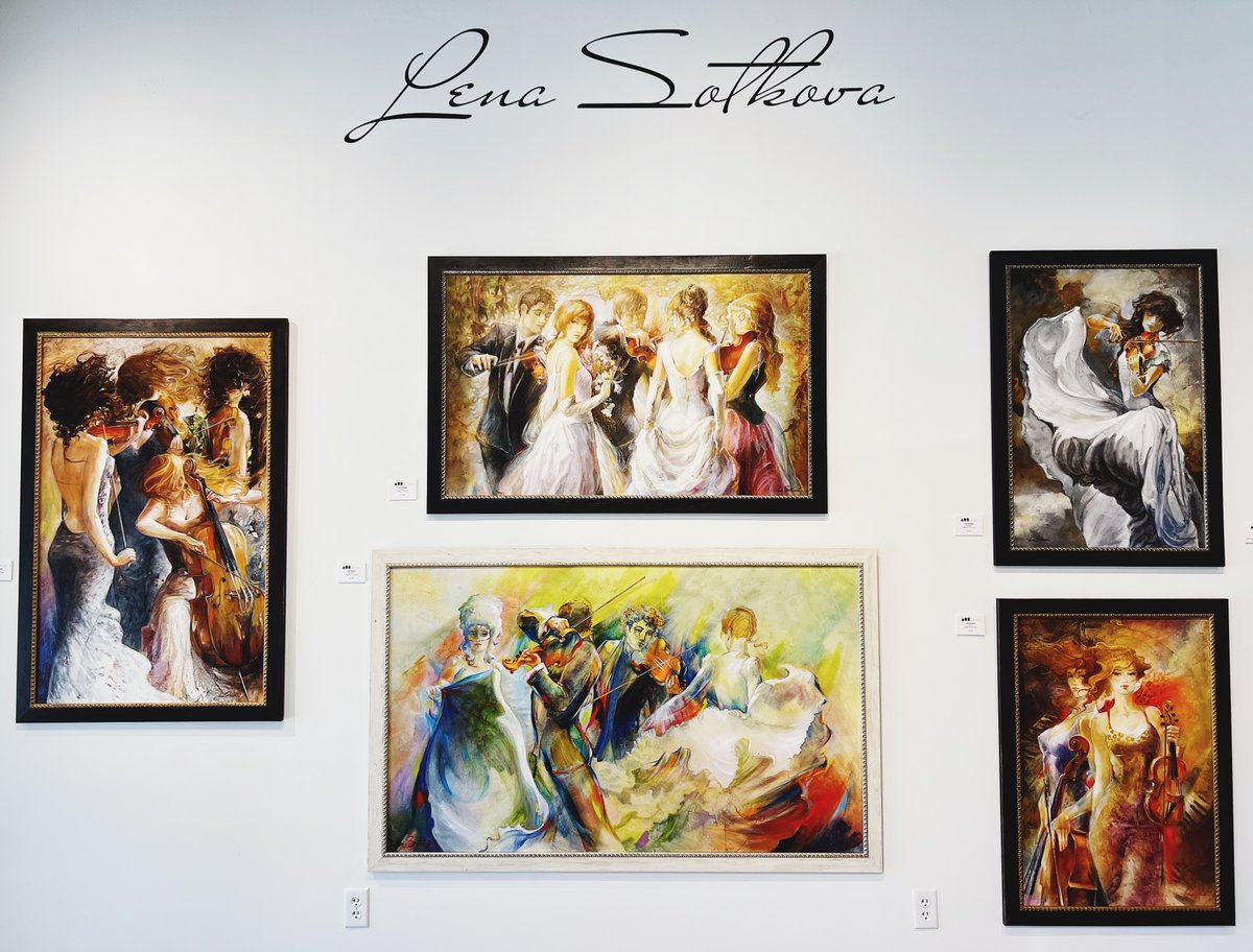 ao5gallery's tweet image. Calling all virtuosos... feast your eyes upon our gorgeous new front wall display by Lena Sotskova! If you can't hear all the lovely tunes through her paintings, take an even closer look to fully immerse yourself in her ethereal universe of music! 🎶

#austinfineart #austinart