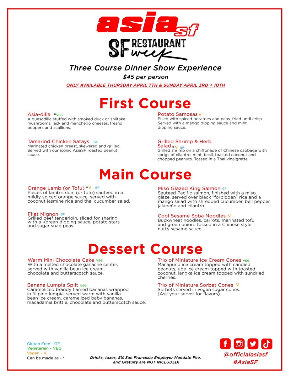 ✨❤️ #AsiaSF is excited to be part of SF Restaurant Week! 🥢🥂 Participating diners will enjoy our special menu while being dazzled by the performances of the Ladies of AsiaSF! 
#SFRestaurantWeek2022 #SFRW2022 #Dinner #DinnerShow #SanFrancisco @eatdrinksf @ggrasf