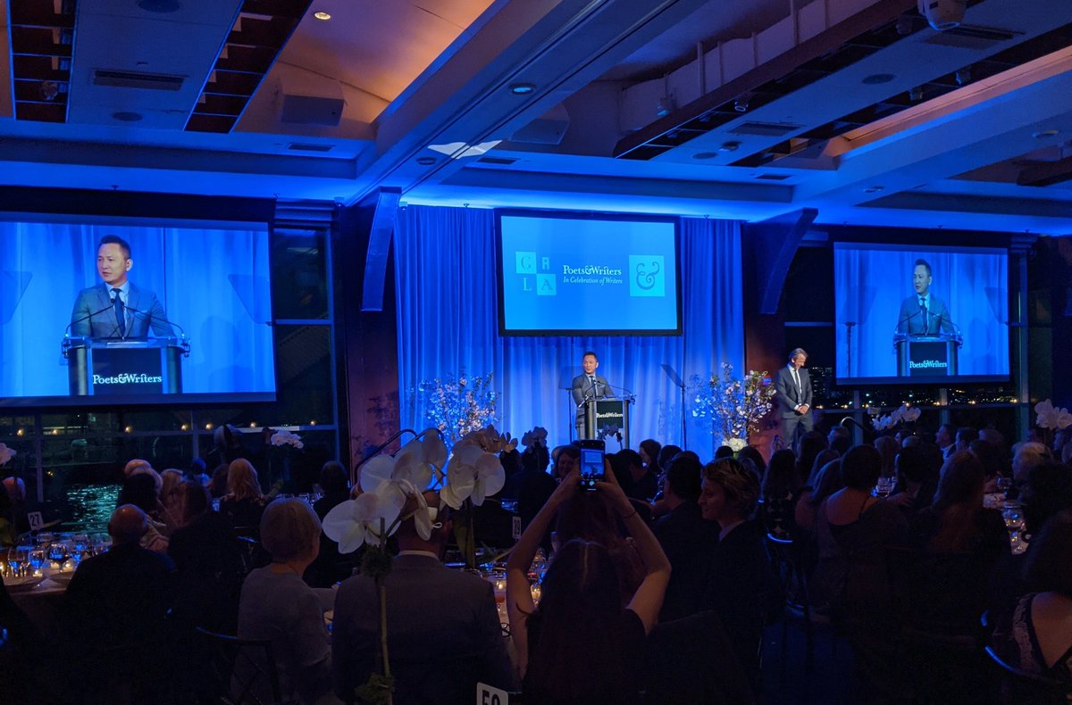 Viet Thanh Nguyen thanks the San Jose Public Library and Maxine Hong Kingston for supporting his early writing while accepting the Barnes &amp; Noble Writers for Writers Award. #PWGALA