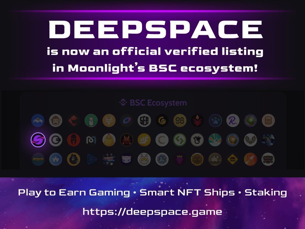 DeepSpaceDPS's tweet photo. #DEEPSPACE $DPS is now an official verified listing in #MOONLIGHT's #BSC Ecosystem! 🔥🚀

https://t.co/mA4gdkIHTi 🌙

Visit https://t.co/rGG9vNkyPK 🌌🌐
#PlayToEarn #NFTs #NFTStaking #BNB https://t.co/1qGUmMmzxM